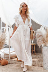Anika Pocketed Button Down Ruffle Maxi Dress - Bamboo Cream