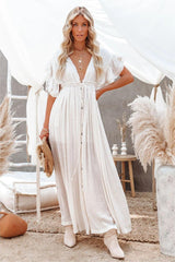 Anika Pocketed Button Down Ruffle Maxi Dress - Bamboo Cream