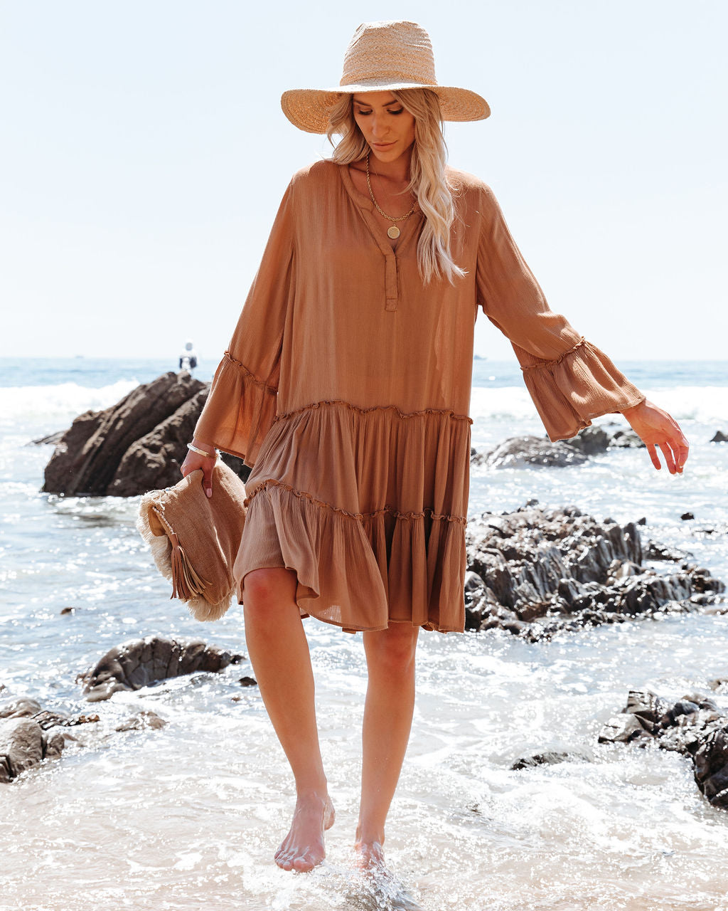 Barefoot On The Beach Pocketed Tiered Tunic - Caramel