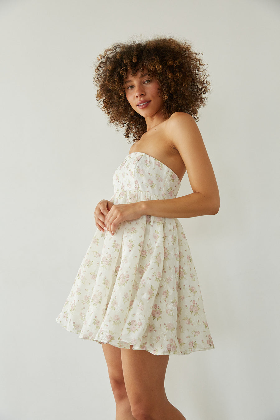 Yellow Floral Strapless Babydoll Mini Dress
