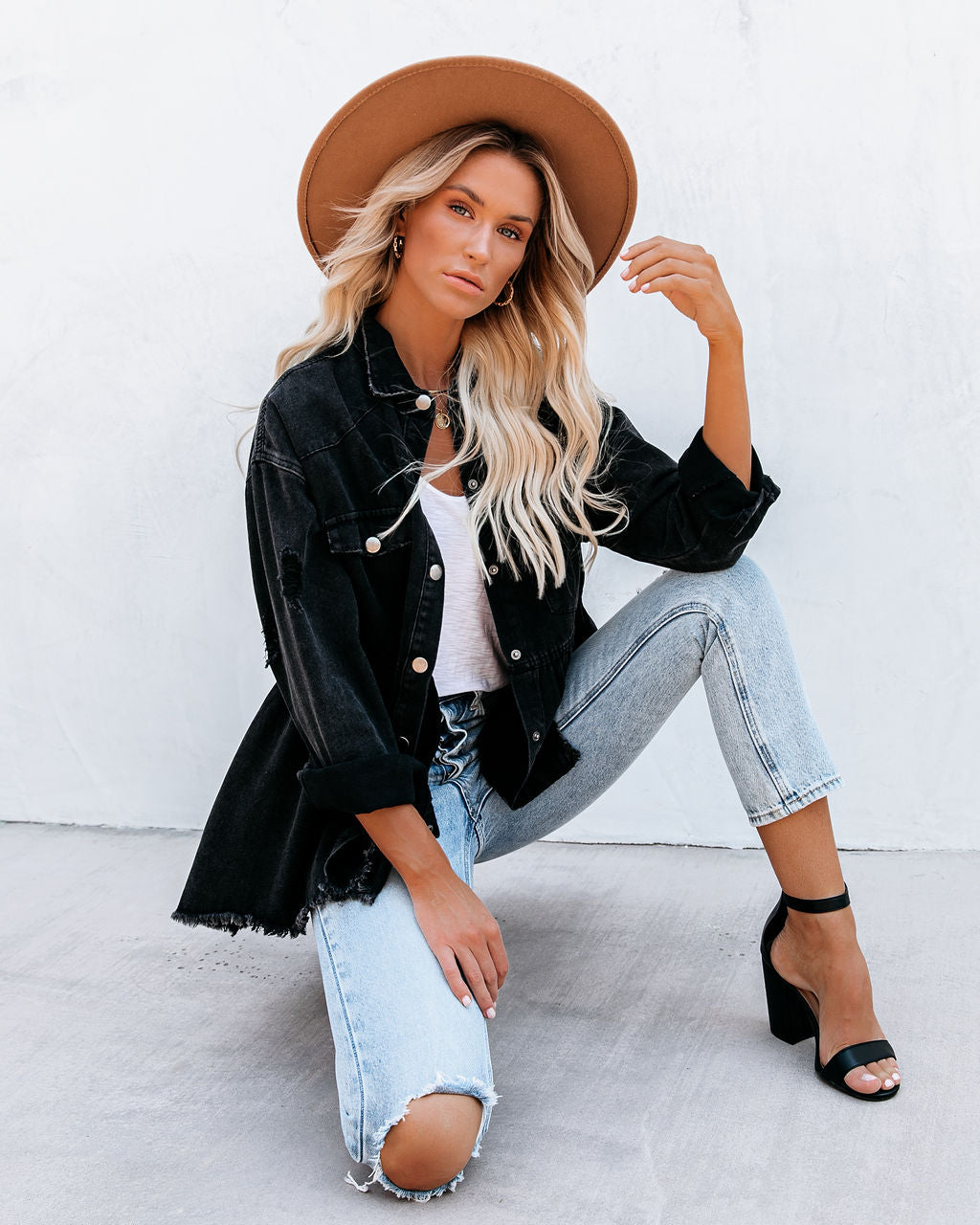 Back Distressed Denim Button Down Shirt Jacket