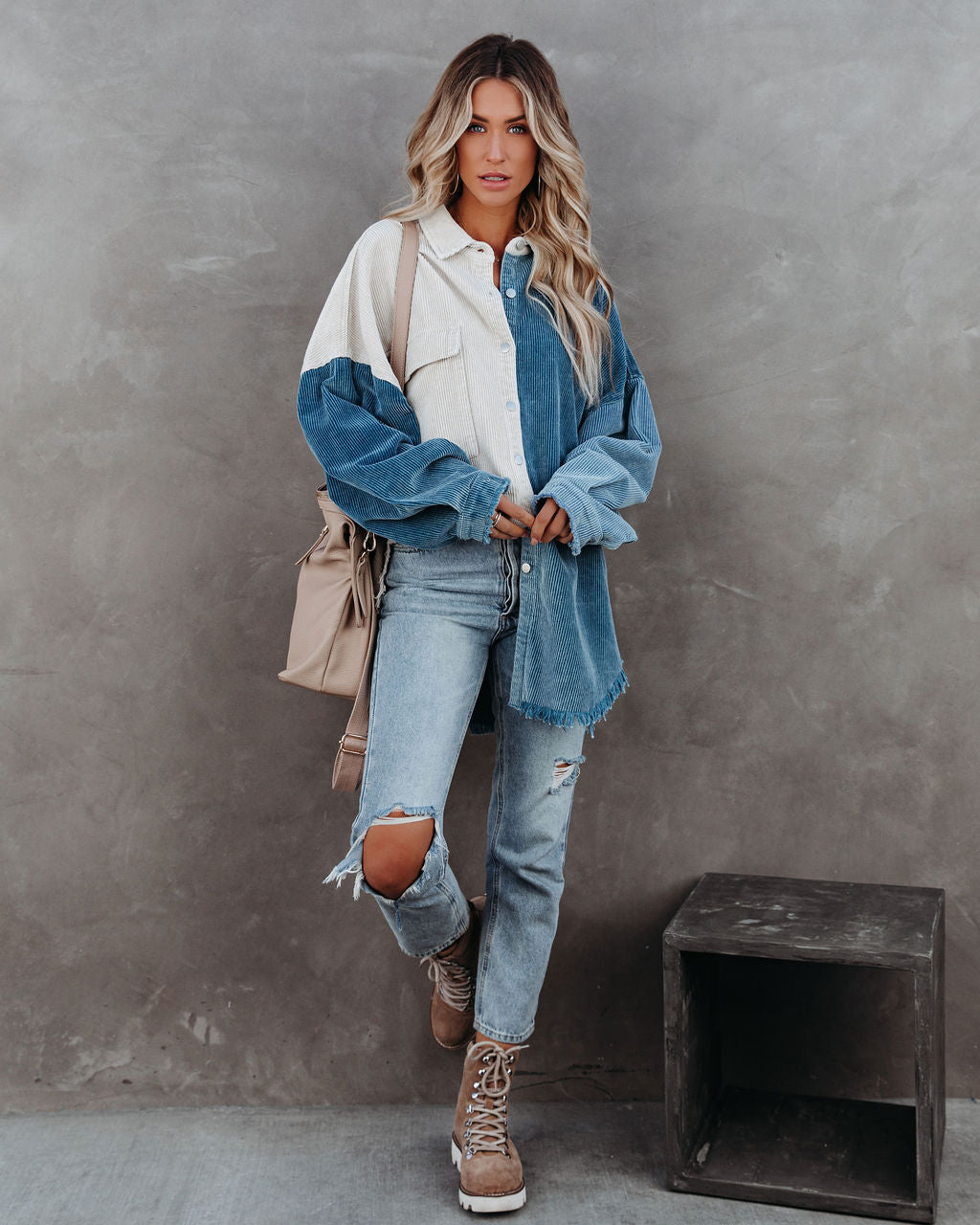 Birch Cotton Corduroy Colorblock Shacket - Blue