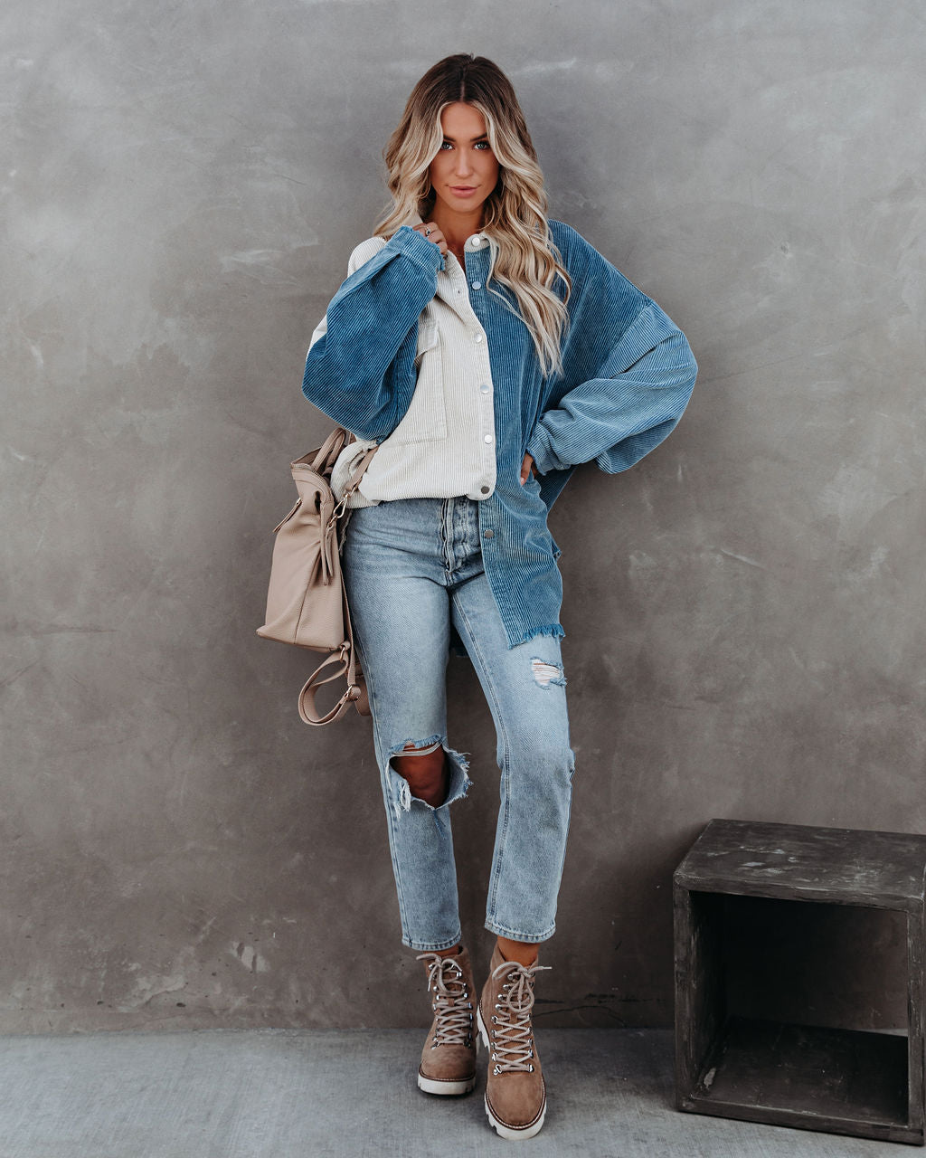 Birch Cotton Corduroy Colorblock Shacket - Blue
