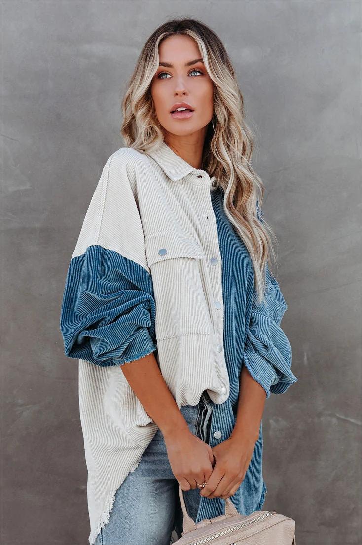 Birch Cotton Corduroy Colorblock Shacket - Blue