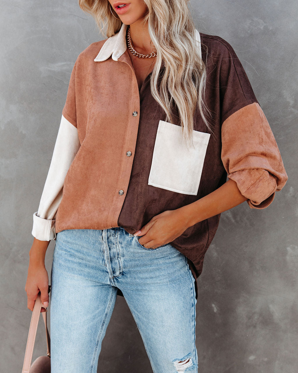 Blithe Faux Suede Colorblock Button Down Top - FINAL SALE
