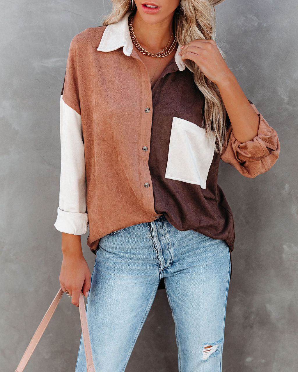 Blithe Faux Suede Colorblock Button Down Top - FINAL SALE