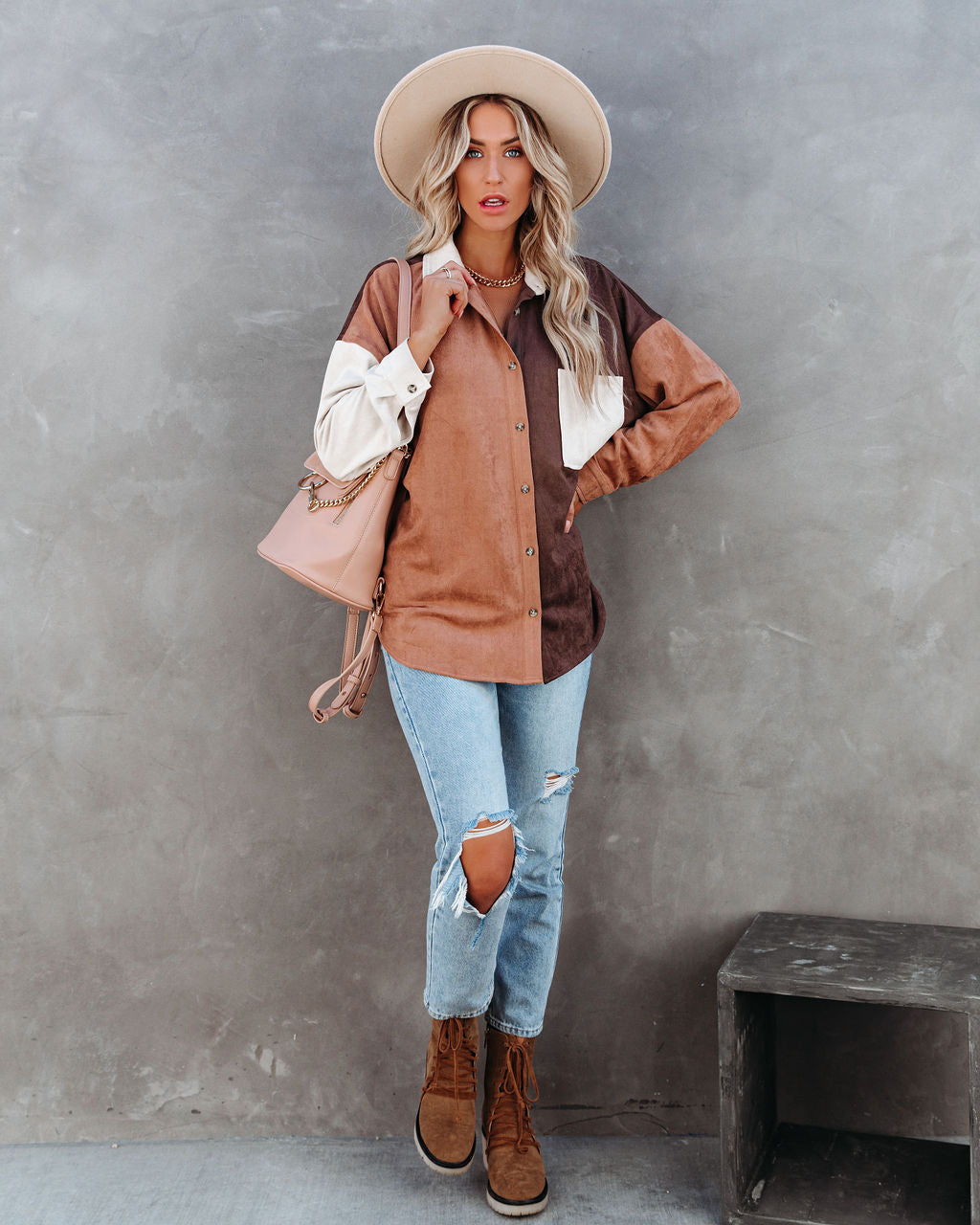Blithe Faux Suede Colorblock Button Down Top - FINAL SALE