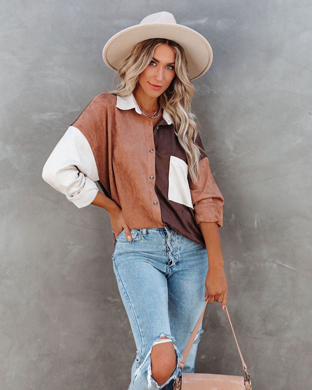 Blithe Faux Suede Colorblock Button Down Top - FINAL SALE
