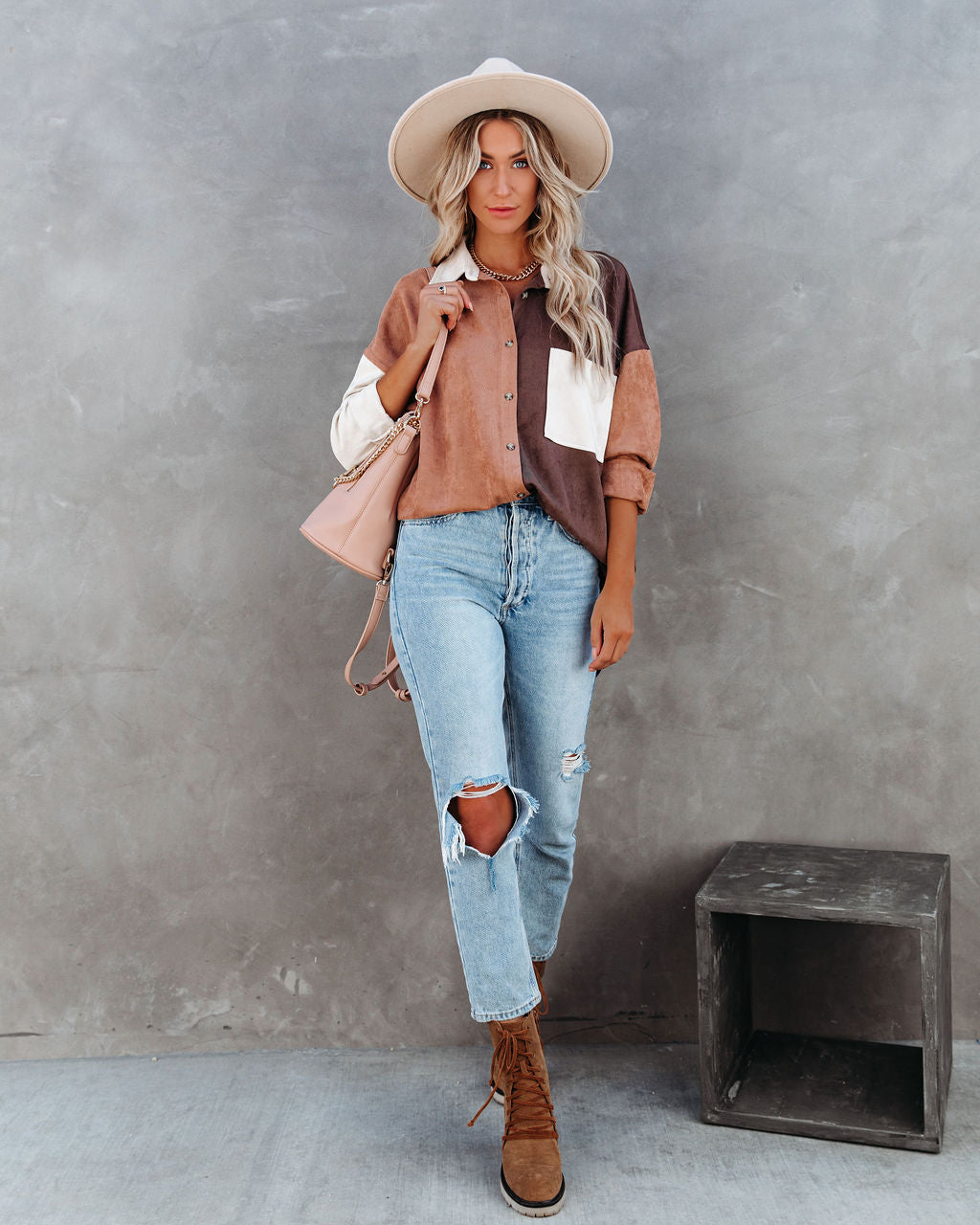 Blithe Faux Suede Colorblock Button Down Top - FINAL SALE