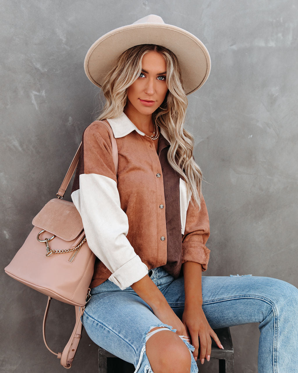 Blithe Faux Suede Colorblock Button Down Top - FINAL SALE