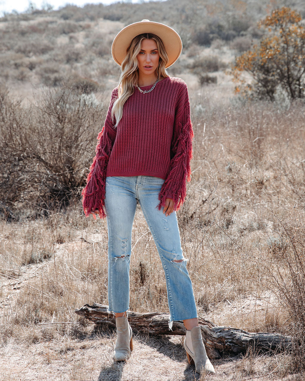 Bowman Fringe Knit Sweater - Red Bean