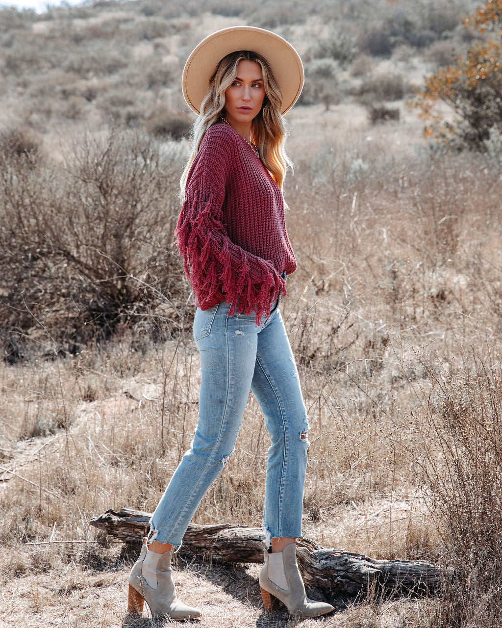 Bowman Fringe Knit Sweater - Red Bean