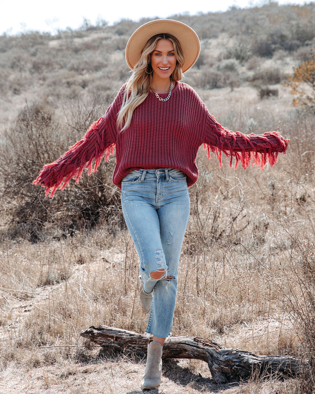 Bowman Fringe Knit Sweater - Red Bean