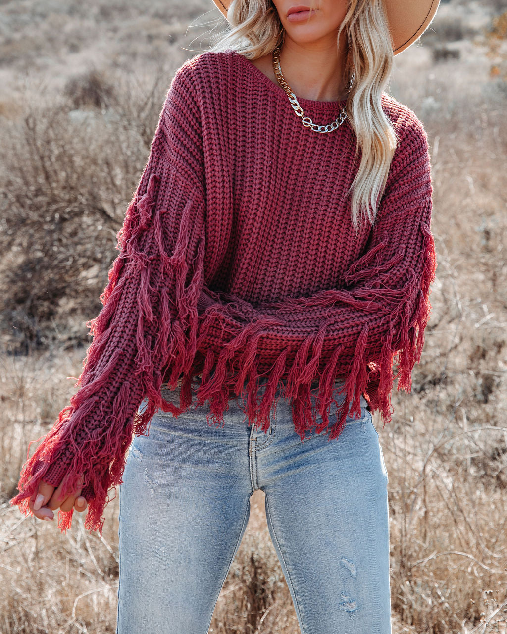 Bowman Fringe Knit Sweater - Red Bean