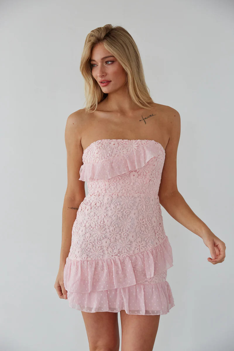 Pink Crochet Flower Strapless Mini Dress