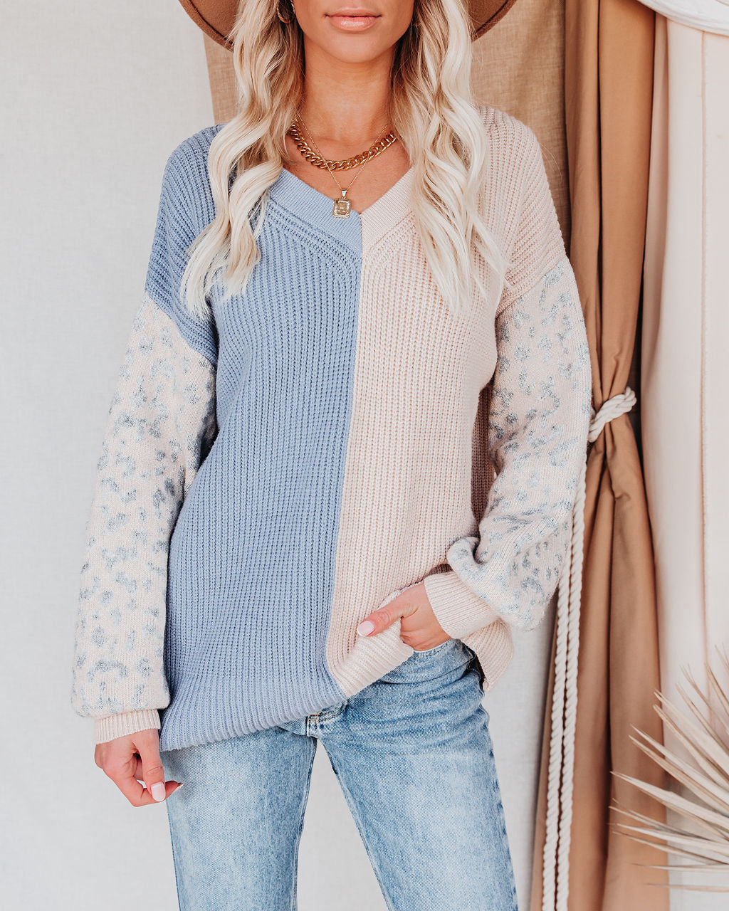 Change Of Heart Two-Tone Knit Leopard Sweater - Dusty Blue/ Cream