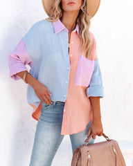 Cindy Cotton Colorblock Button Down Top - Blue Multi