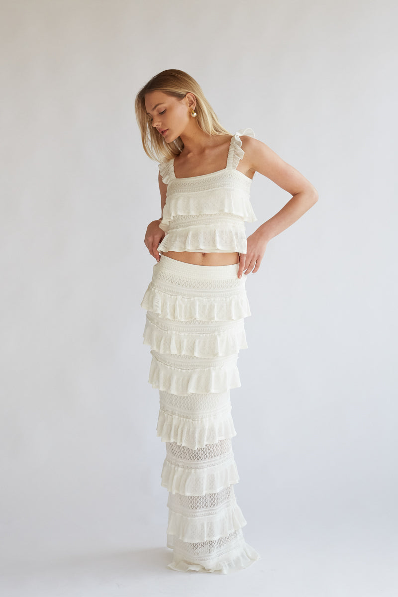 Beige Crochet Top and Maxi Tiered Skirt Matching Sets