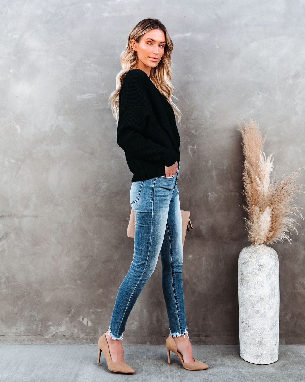 Crossover Ribbed Knit Sweater - Black