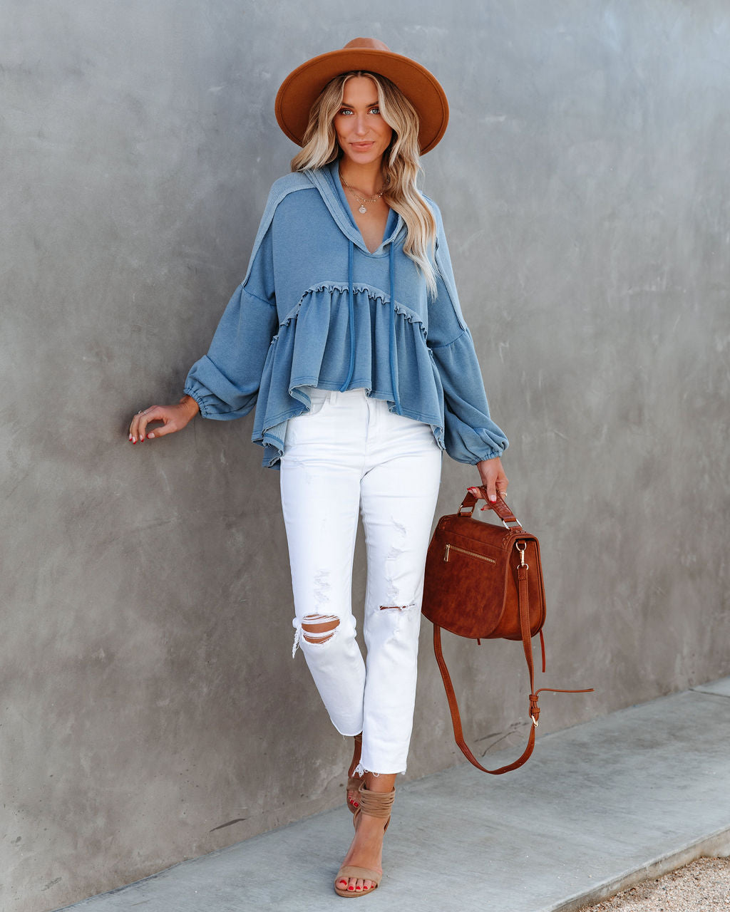 Drue High Low Ruffle Knit Hoodie - Sea Blue