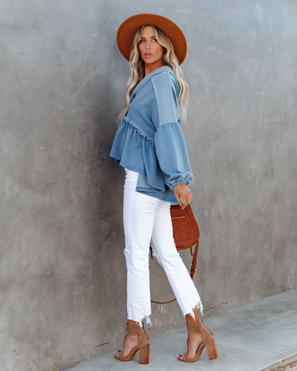 Drue High Low Ruffle Knit Hoodie - Sea Blue
