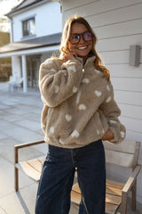 Beige Sweetheart Print Fleece Jacket