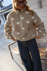 Beige Sweetheart Print Fleece Jacket