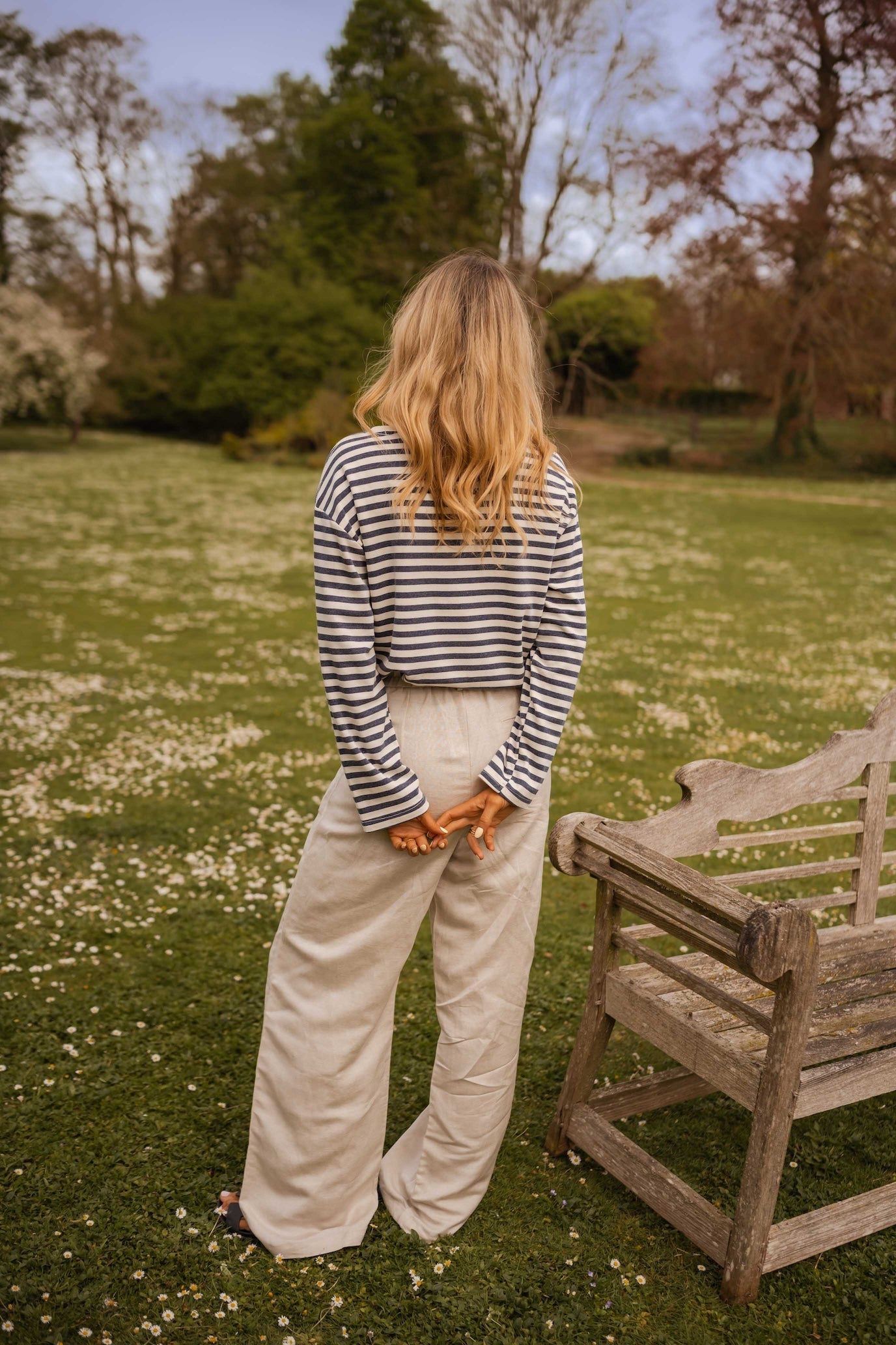 Beige Wide-Leg Linen Pants