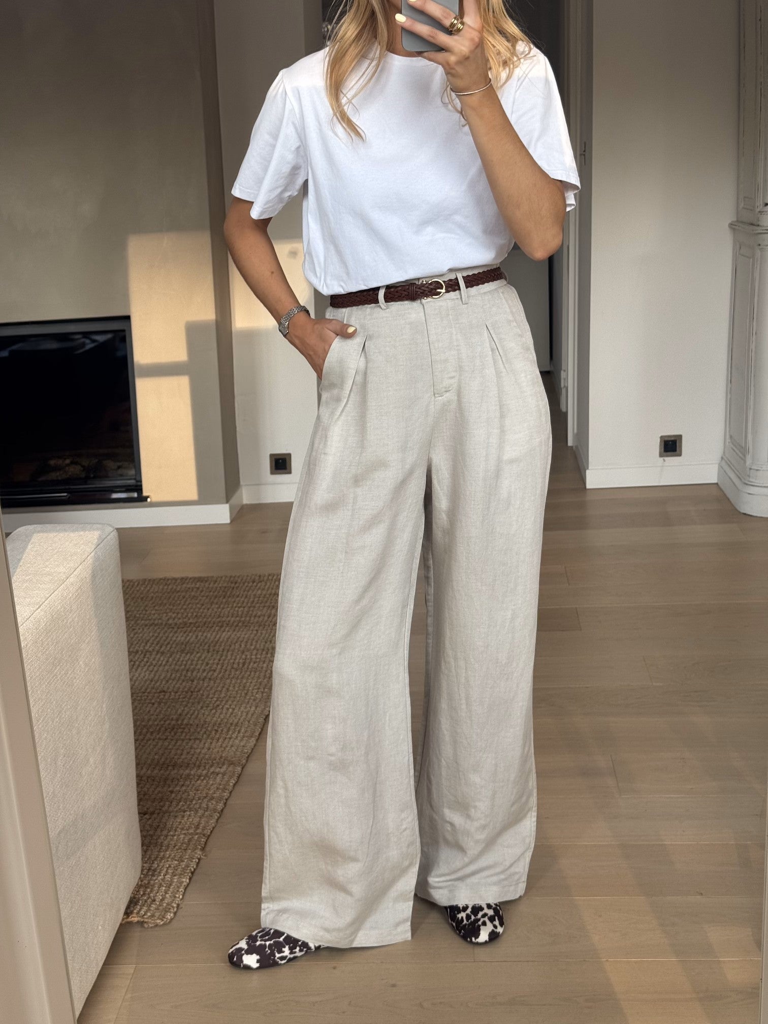 Beige Wide-Leg Linen Pants