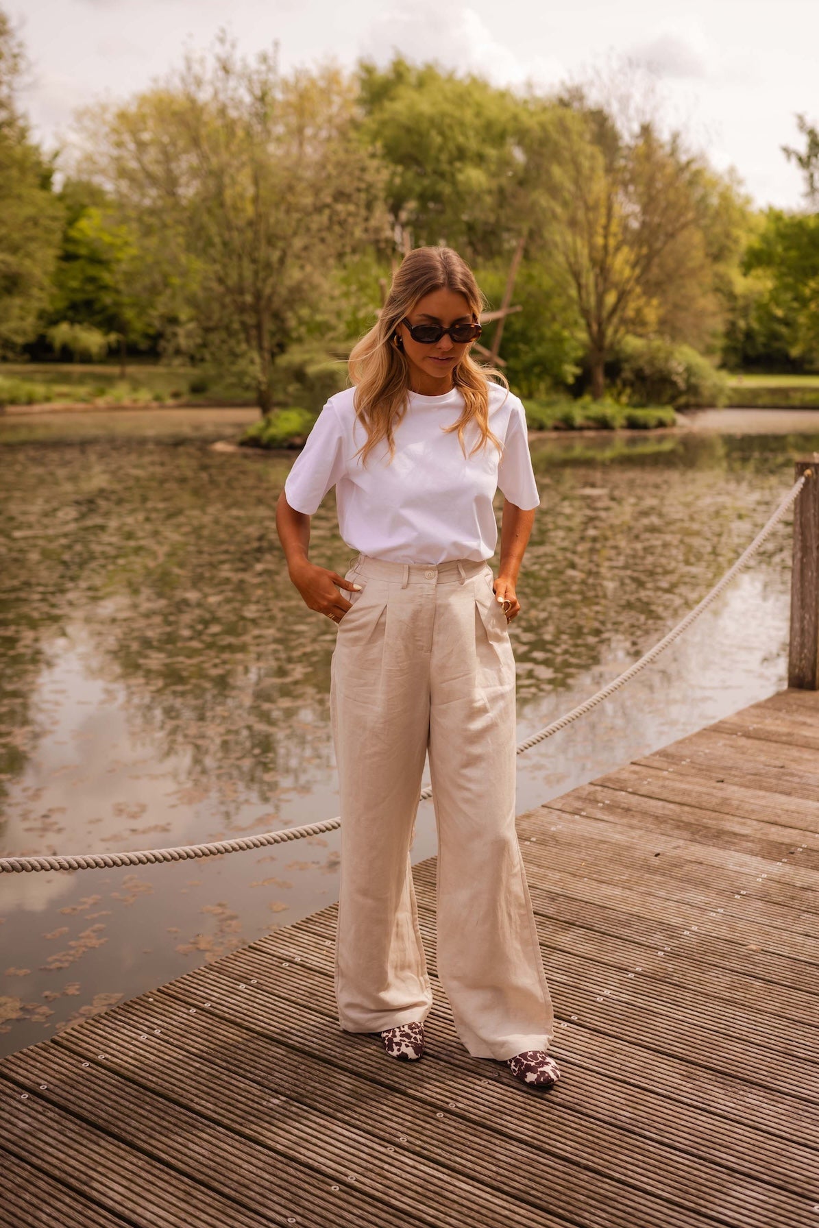 Beige Wide-Leg Linen Pants