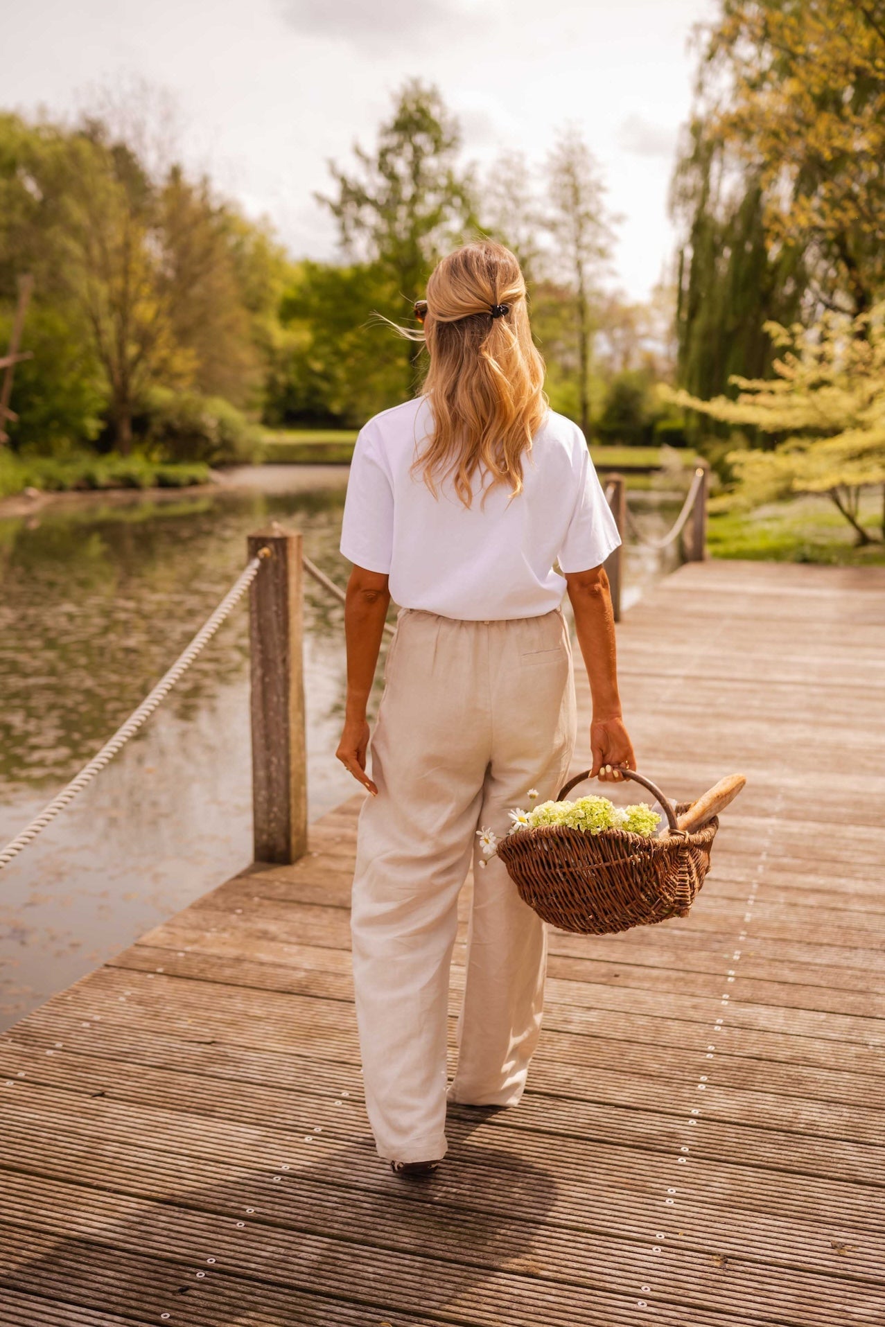 Beige Wide-Leg Linen Pants