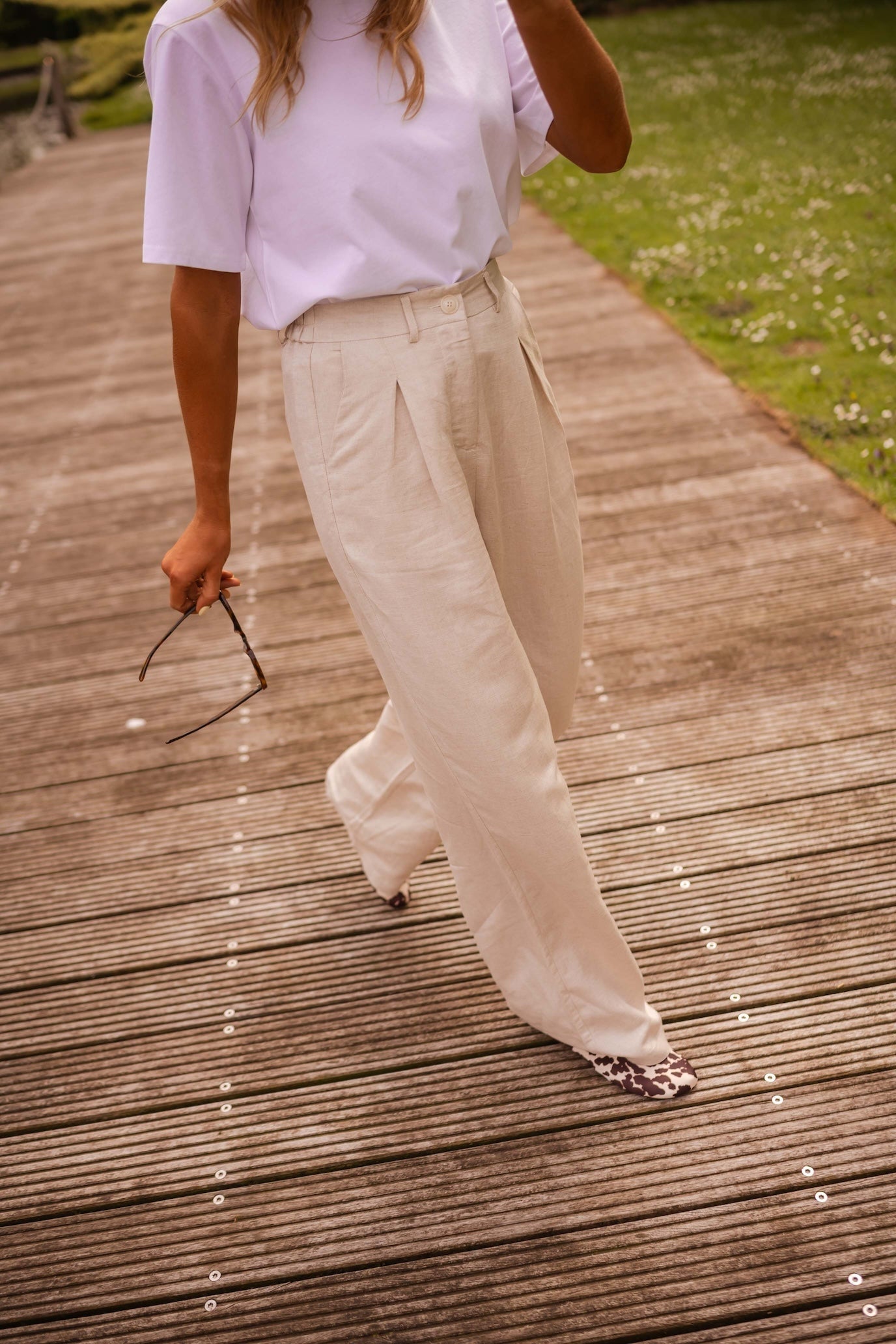 Beige Wide-Leg Linen Pants