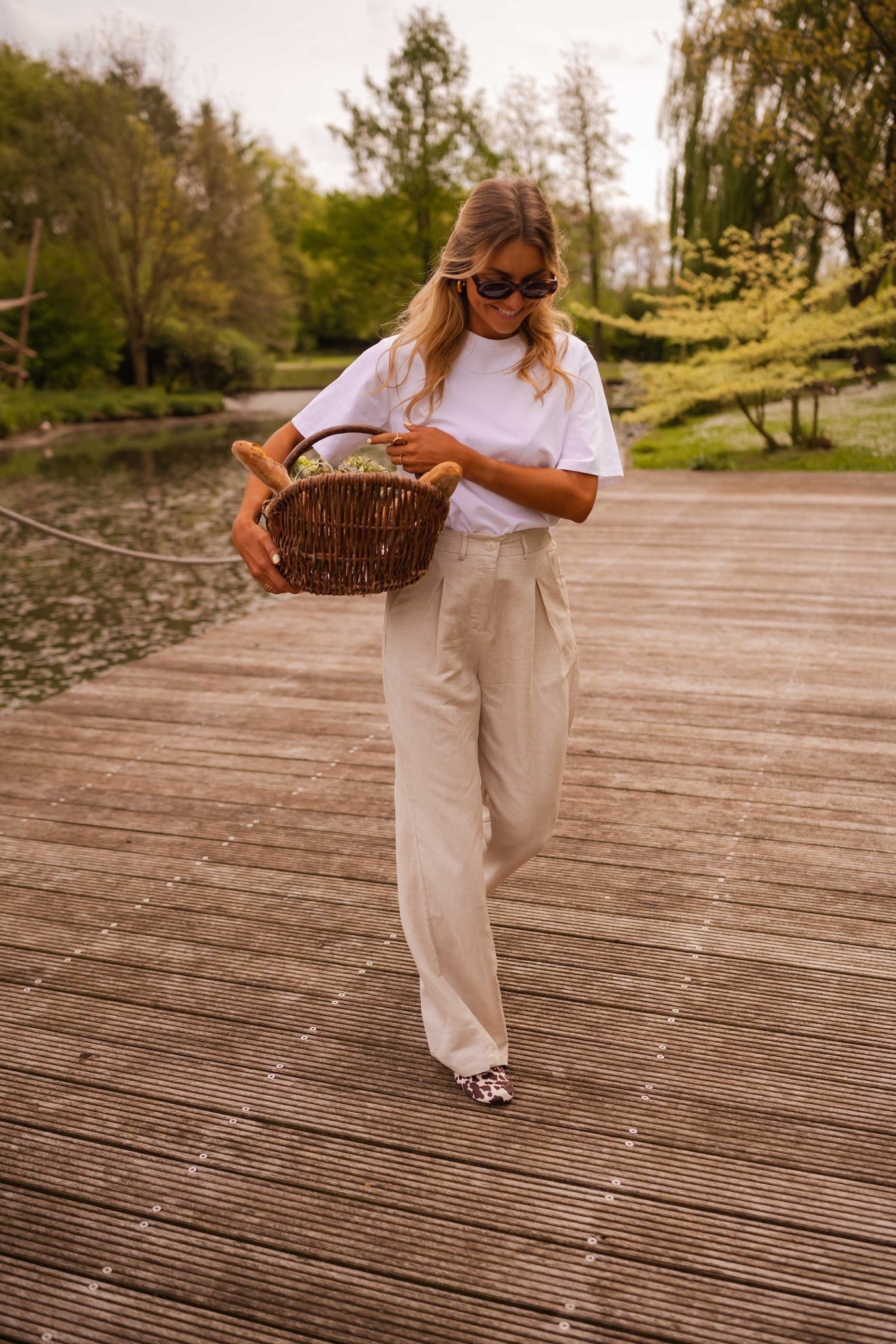 Beige Wide-Leg Linen Pants