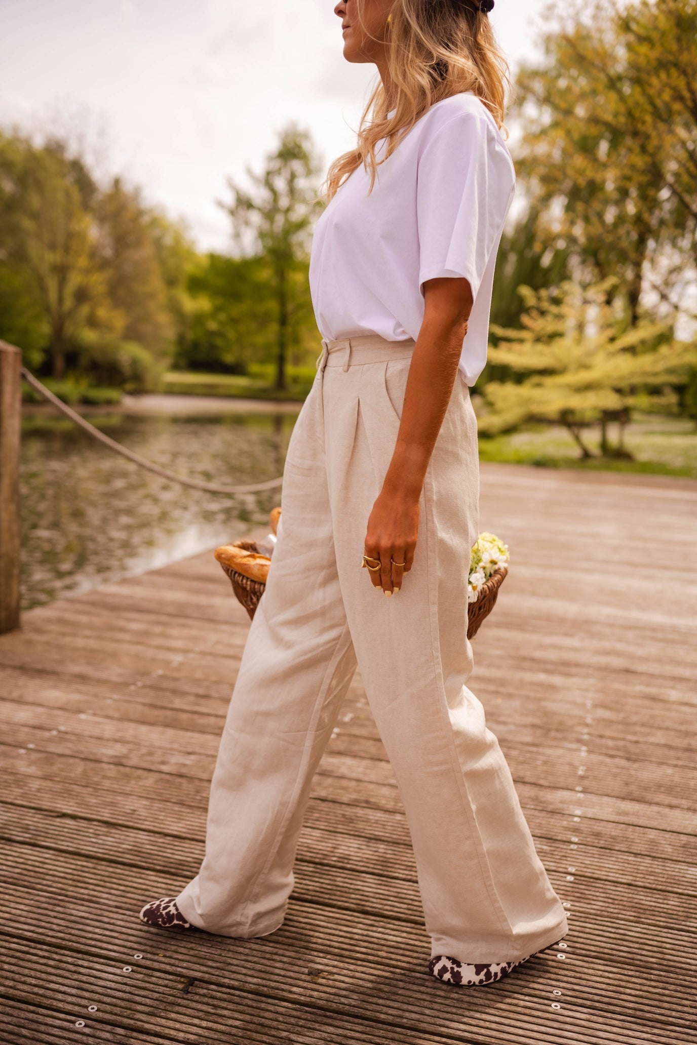Beige Wide-Leg Linen Pants