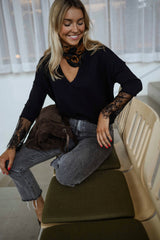 Black Lace Cuff Knit Sweater