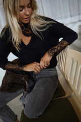 Black Crochet Lace Cuff Knit Sweater