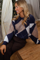 Blue Khaki Patterned Knit Sweater