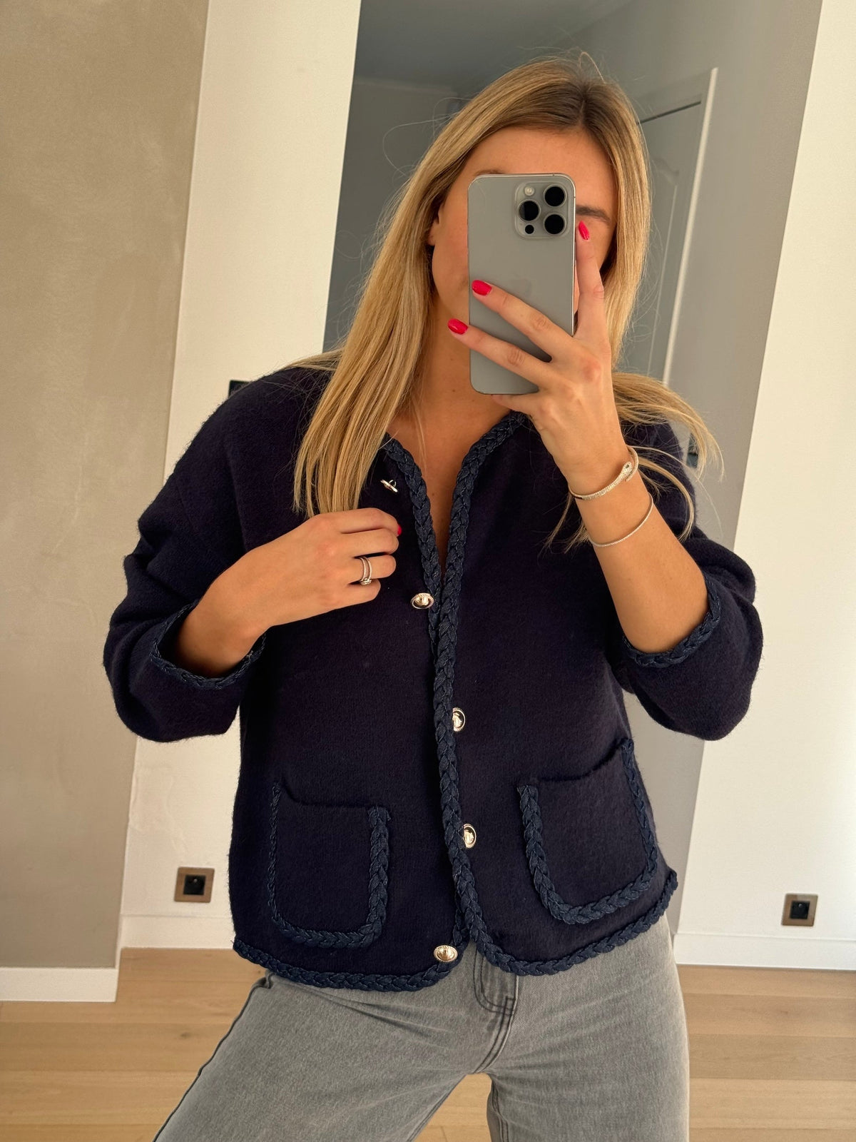 Navy Blue Braided Edge Cardigan