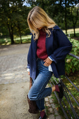 Navy Blue Notched Lapel Woolen Coat