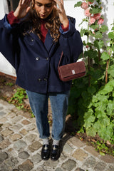 Navy Blue Bat Sleeves Woolen Coat