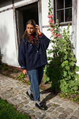 Navy Blue Bat Sleeves Woolen Coat