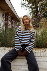 Blue Striped Drop Shoulder Knit Sweater