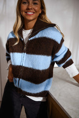 Brown and Blue Striped Knit Cardigan