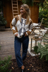 Brown Checkered Print Button Down Cardigan