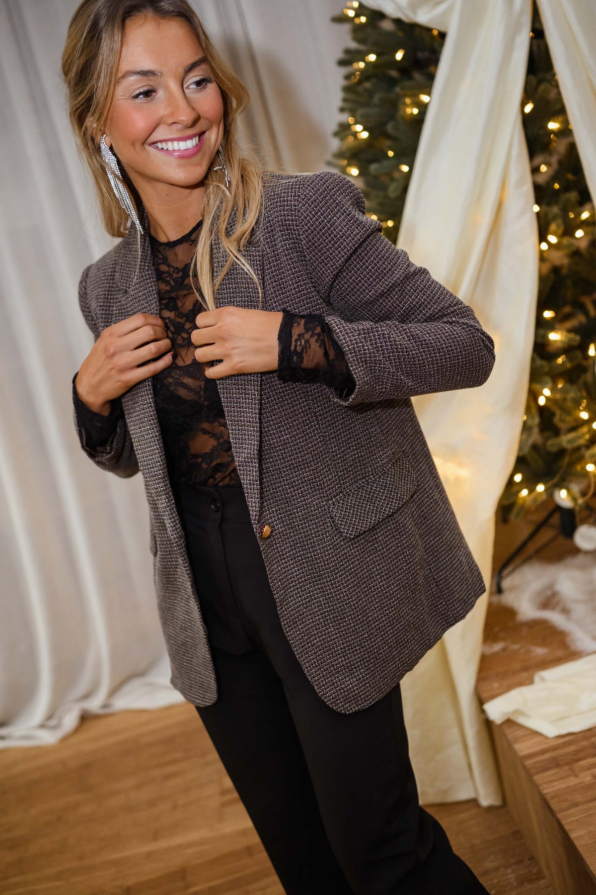 Brown Checkered Print Blazer