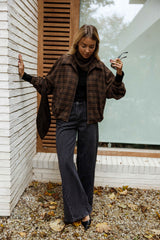 Brown Checkered Zipper Placket Jacket