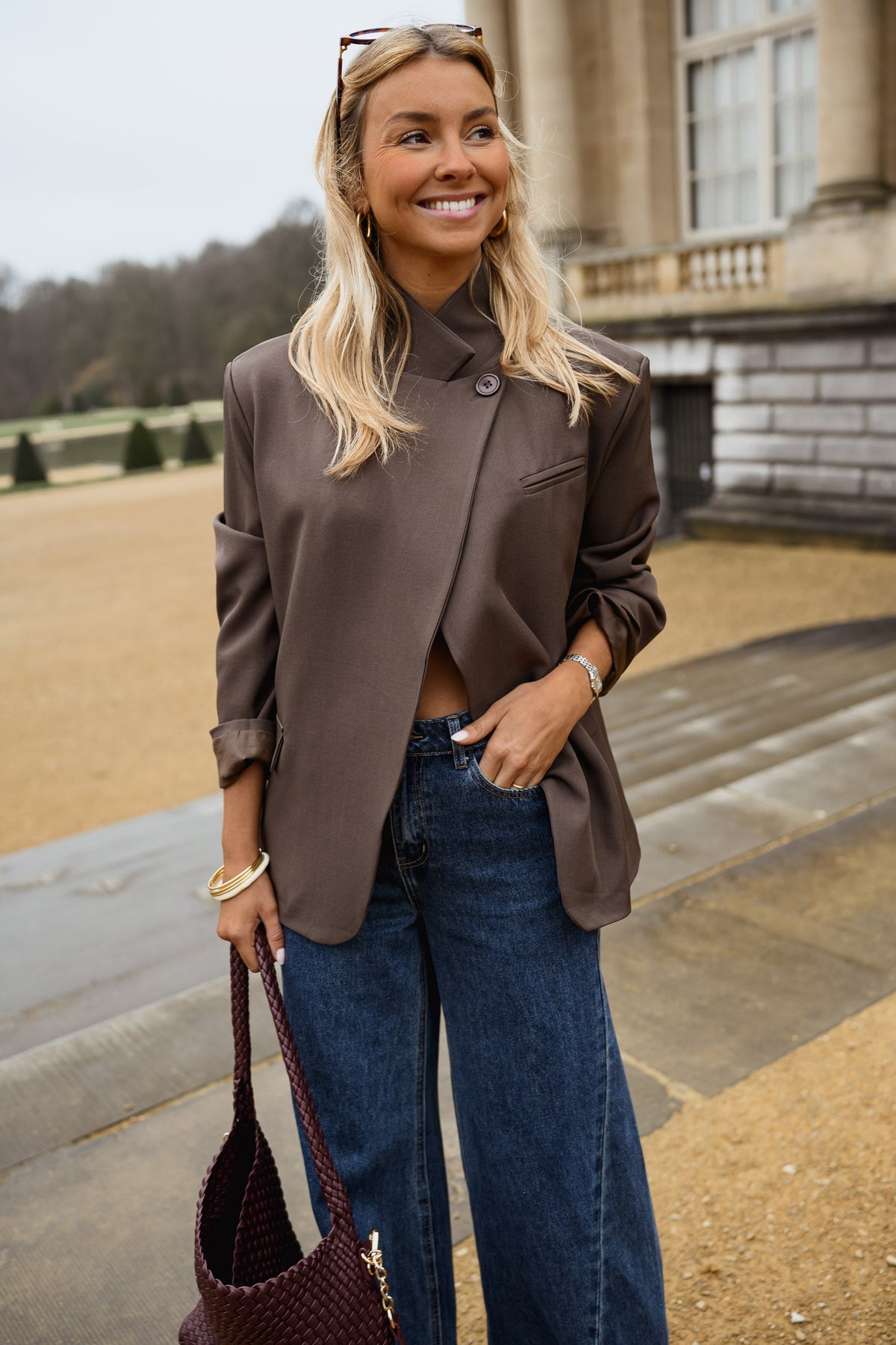Brown Asymmetrical Planket One-Button Blazer