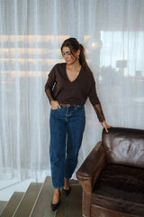 Brown Crochet Lace Cuffed Knit Sweater