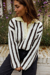 Brown Striped Collared Knit Sweater