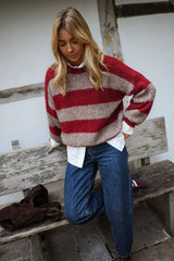 Burgundy Striped Knit Pullover Sweater